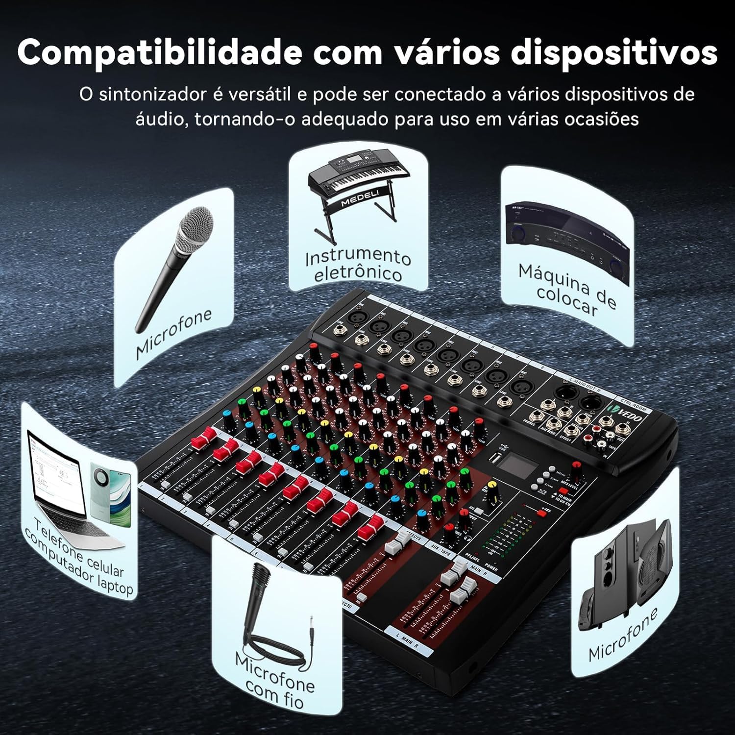 Mixer VDA208L em fundo escuro, mostrando compatibilidade com diversos dispositivos de áudio como microfones e celulares.