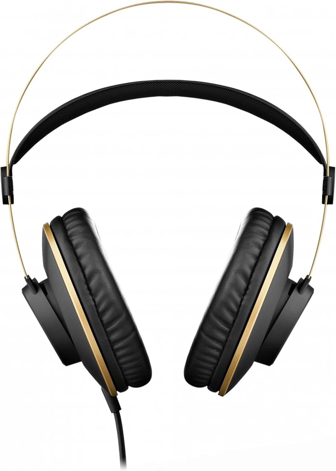 Fone de ouvido AKG K92 preto com aro duplo dourado visto de frente.