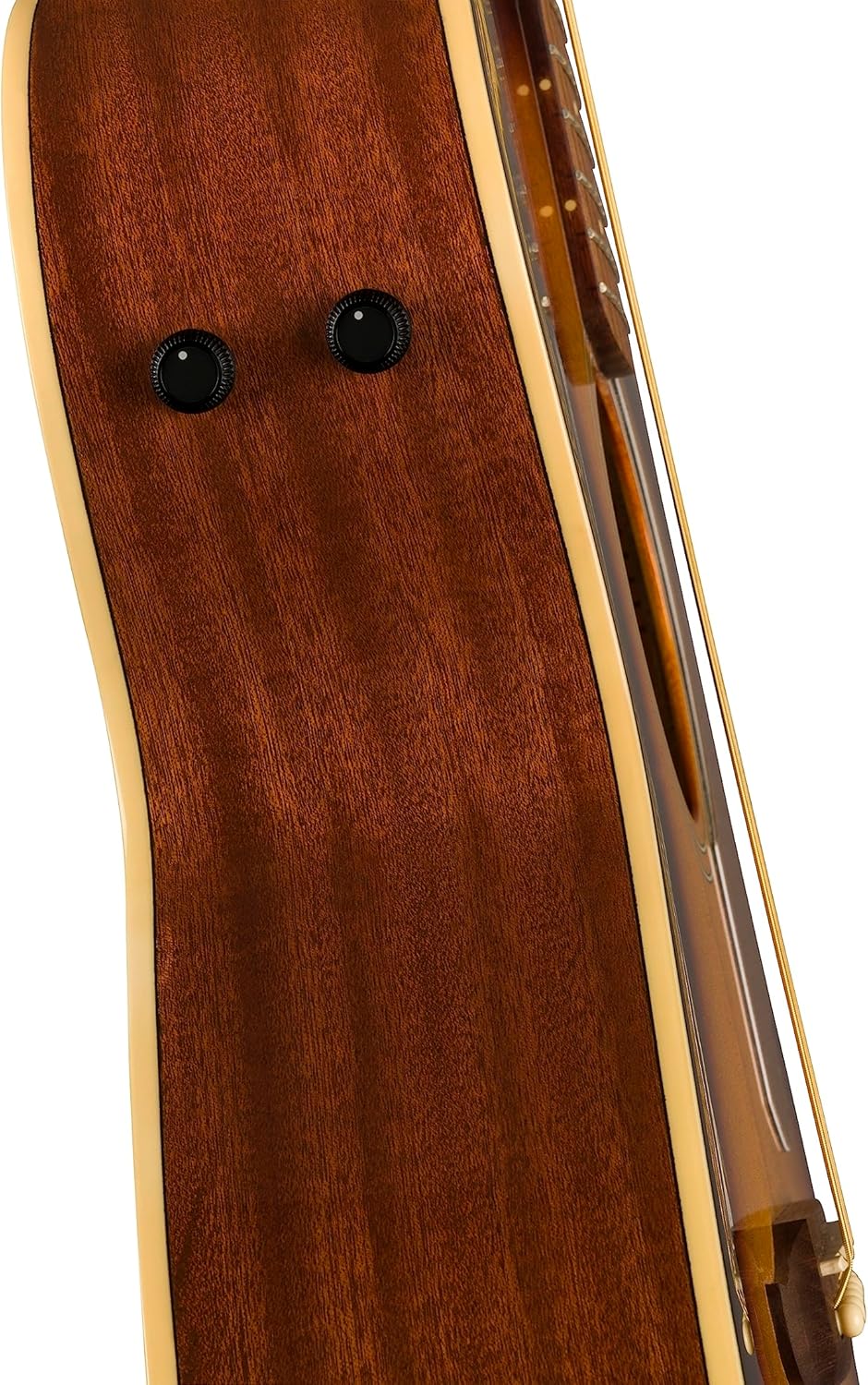 Detalhe lateral da guitarra acústica Fender California Player com controles embutidos e acabamento em madeira marrom.
