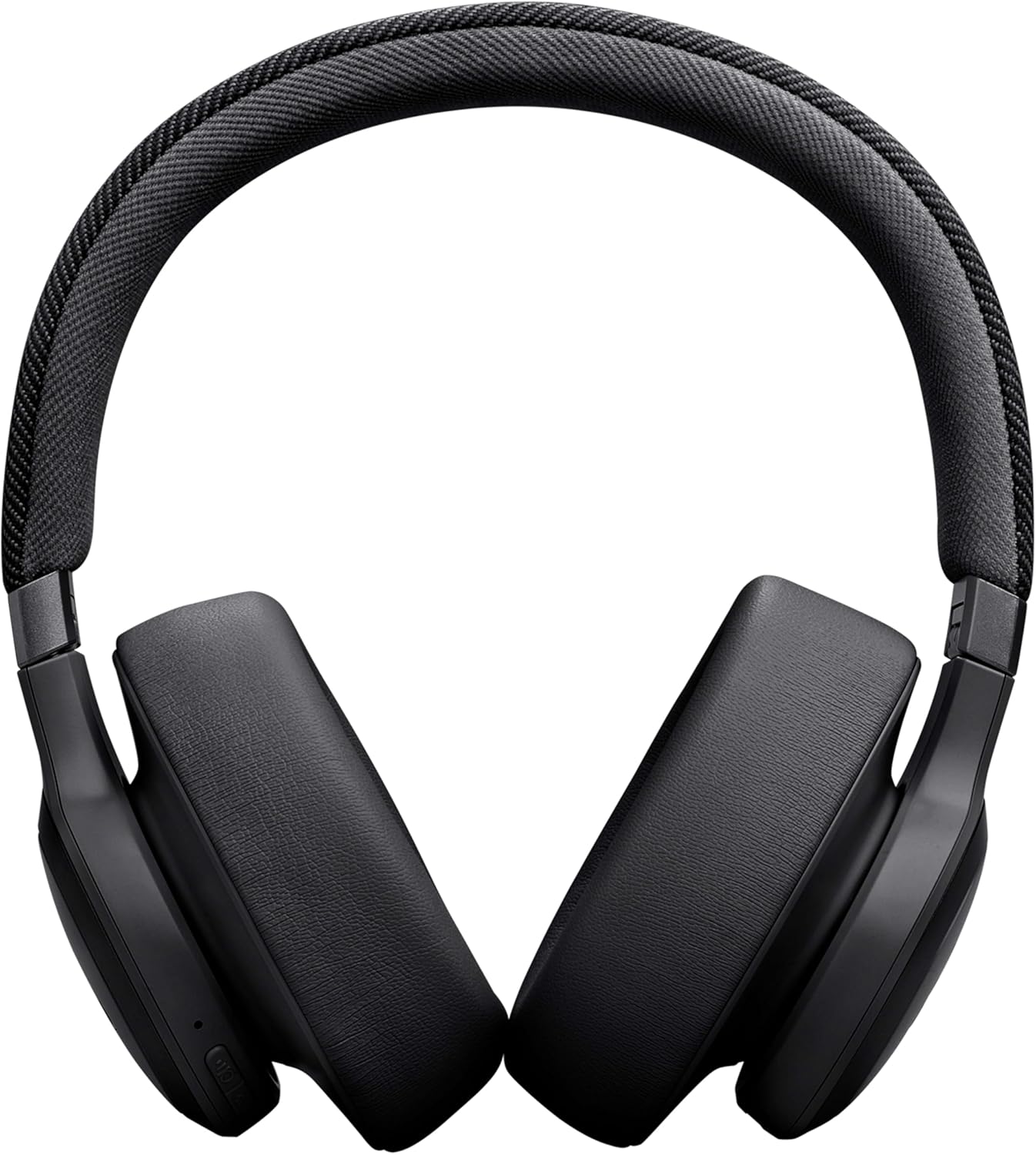 Fone de ouvido JBL Live 770NC preto visto frontalmente com grande almofadamento e faixa acolchoada.