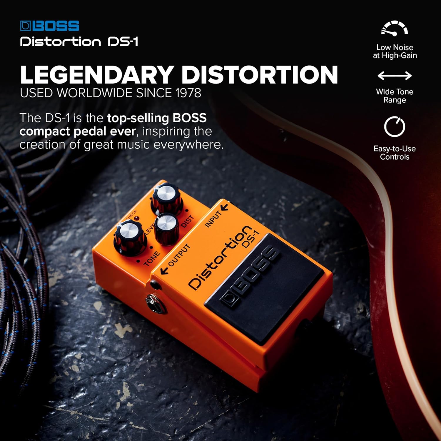 Pedal Boss DS-1 Distortion sobre superfície escura, destaque para texto promocional