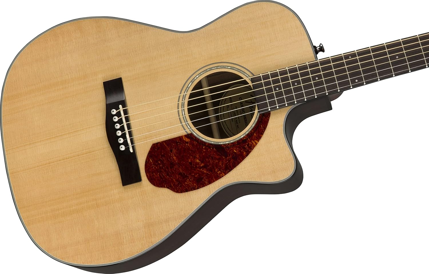 Vista lateral da guitarra Fender CC-140SCE com tampo claro e escudo marrom avermelhado.