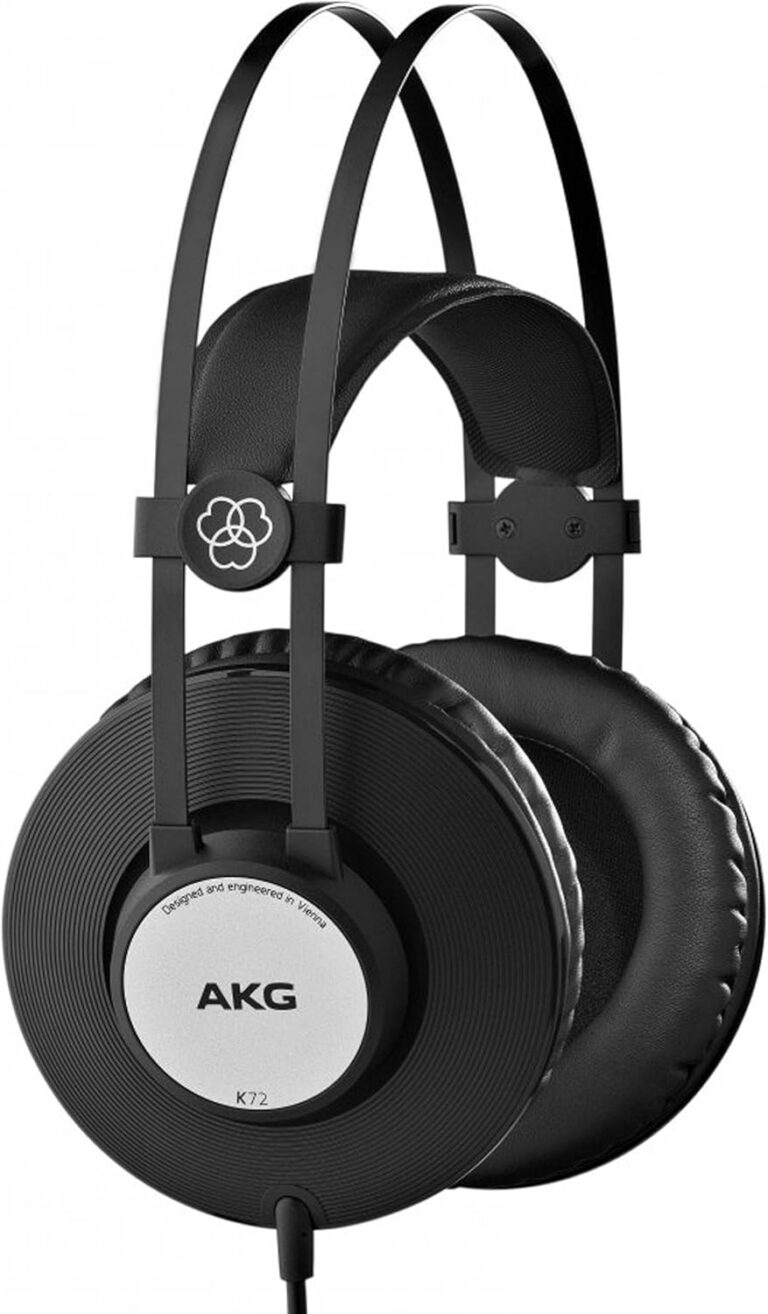 Fone de ouvido AKG K72 preto com almofadas acolchoadas e haste dupla fina.