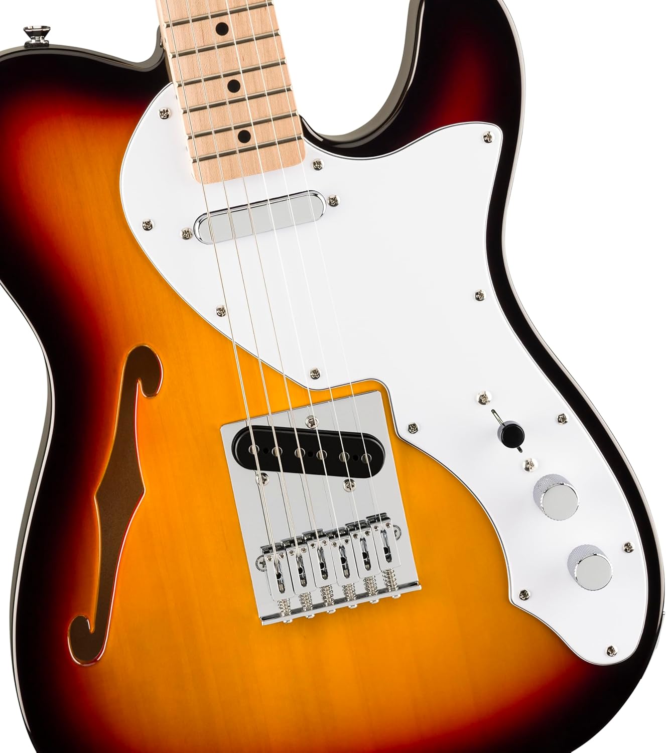 Detalhe do corpo da guitarra Fender Squier Affinity Telecaster Thinline sunburst com ponte e captadores