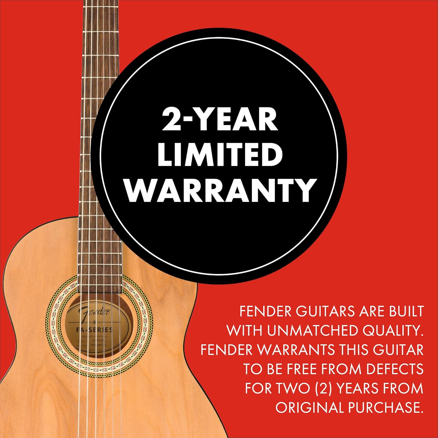 Guitarra acústica Fender FA-25N com selo de garantia limitada de 2 anos e texto promocional