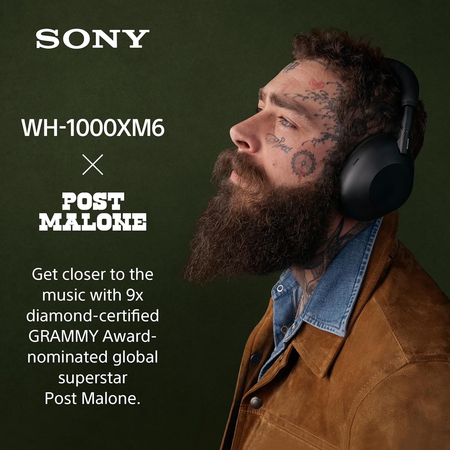 Homem perfil direito usando fone Sony WH-1000XM6 preto com texto de parceria Post Malone.