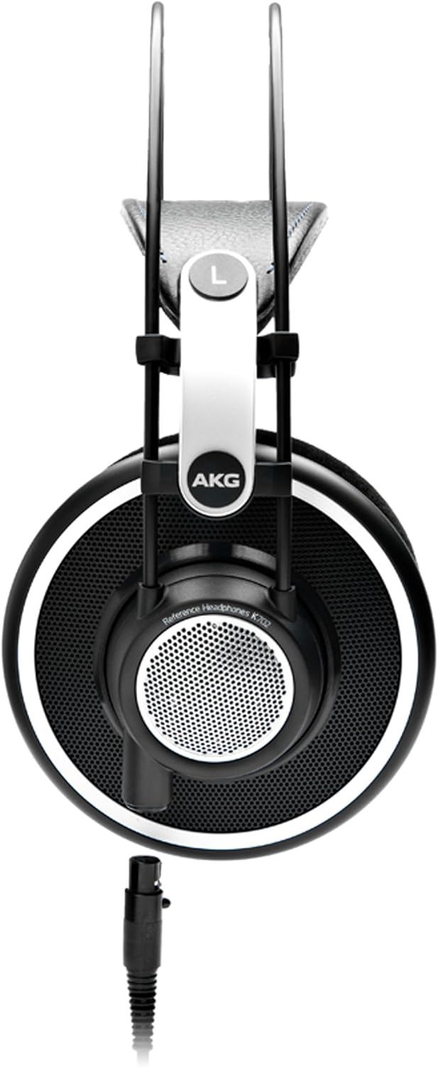 Fone AKG K702 preto over-ear open-back visto de cima com arco em couro sintético e cabo conectado