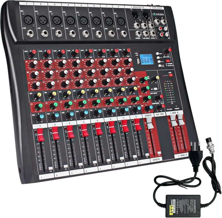 Console de mistura VDA208L com 8 canais, mixer profissional para shows ao vivo, karaokê, USB e Bluetooth, vista inclinada.