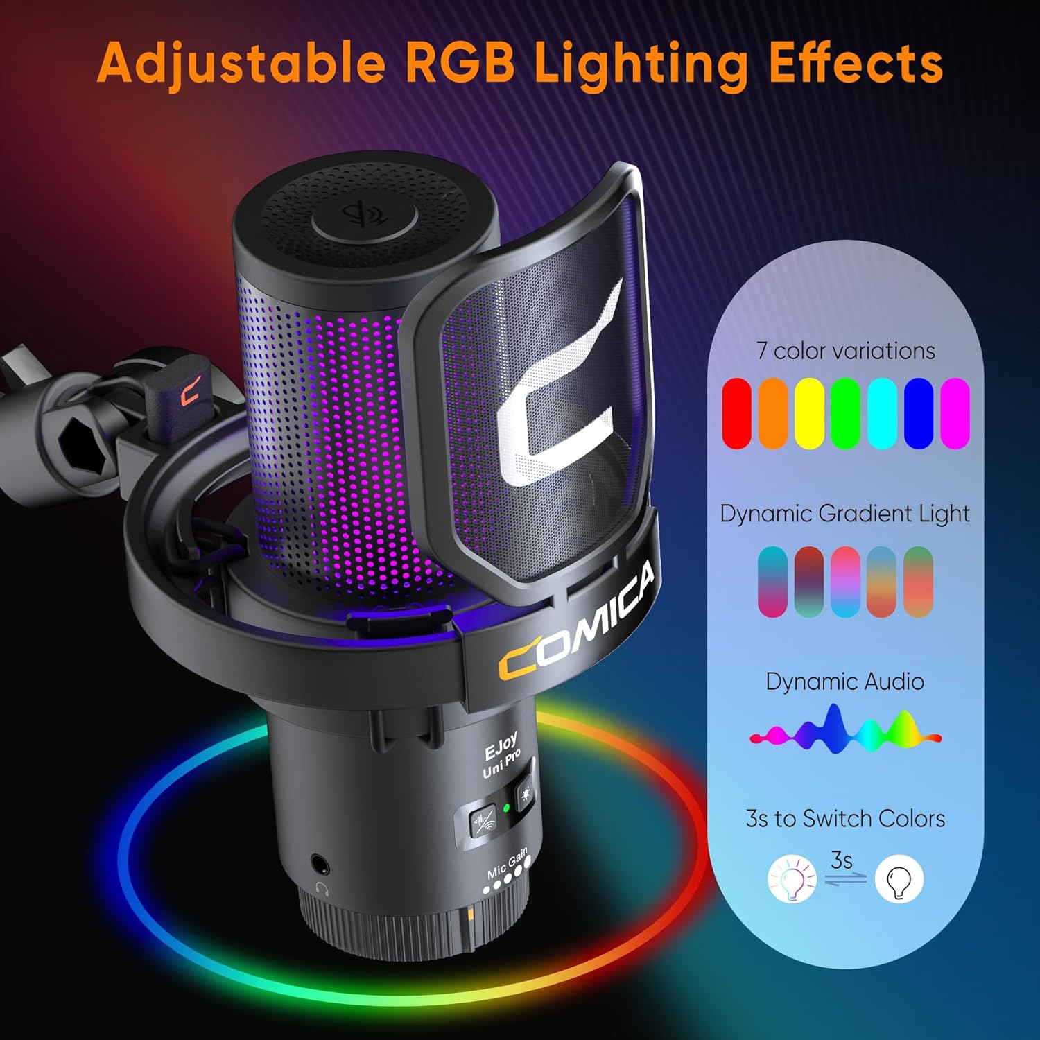 Comica EJoy Uni Pro microphone with adjustable RGB lighting effects and multiple color modes