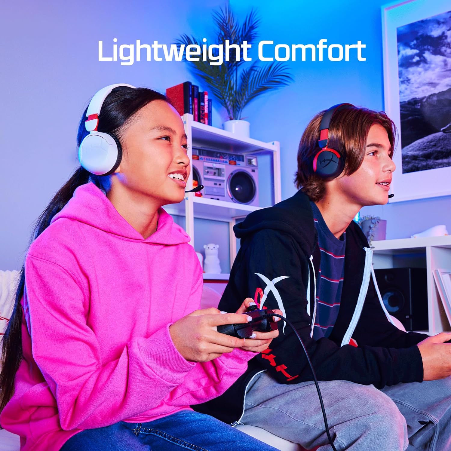 Two gamers using HyperX Cloud Mini headphones highlighting lightweight comfort during gameplay